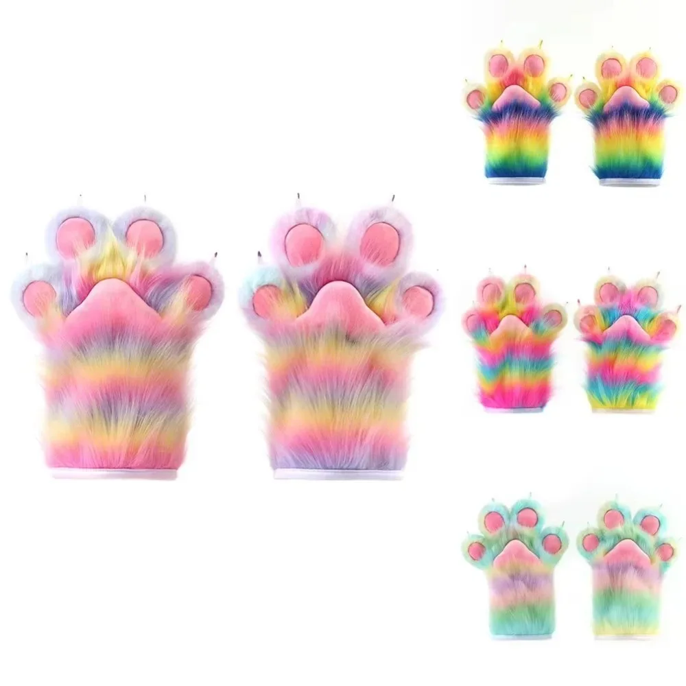 Furry Cat Claw Rainbow Gloves Beast Paw Mittens With Nail Fursuit Party Anime Carnival Halloween Cosplay Costumes Props