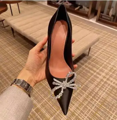 Woman Black White Silk Bling Crystal Rhinestone Bow Tie Front Pointed Toe Shallow Slip On 6 8 10 CM Stiletto Heels Pumps Shoes