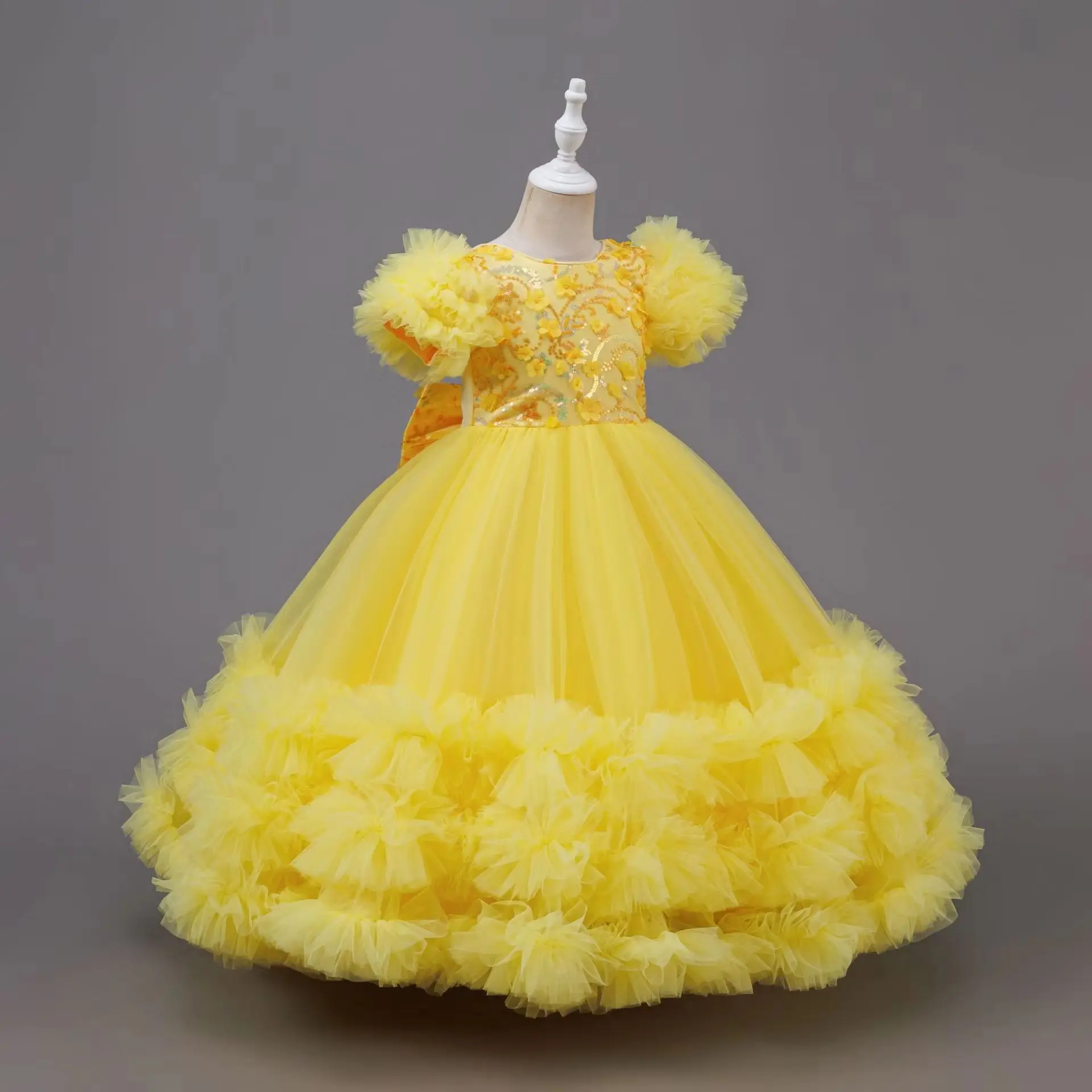 Girl Dress for Elegant Party Girls Princess Dresses Girl's Ceremonial Clothing Ball Gown Yellow 4 to 12 Years
