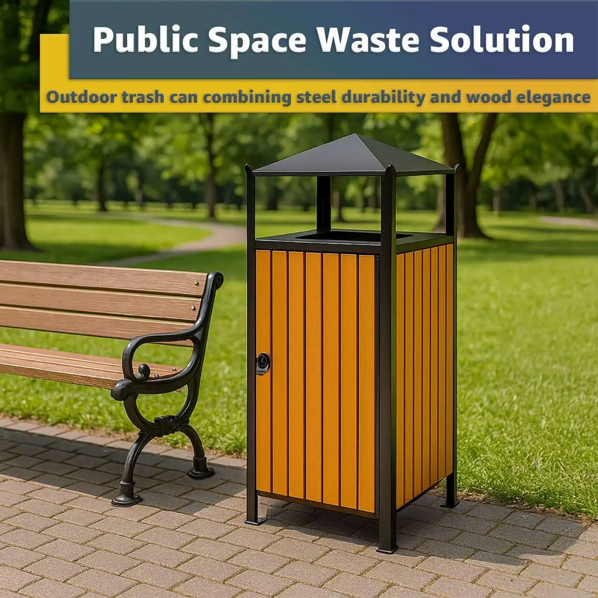 49 Gallon Commercial Outdoor Trash Can with Covered Top, Durable Steel and Wood Composite Garbage Bin with Liner and Side Door