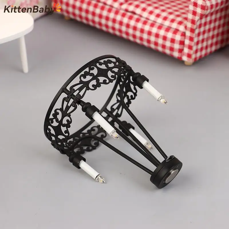 1:12 Dollhouse Miniature LED Light Wall Lamp Black Four-head Round Chandelier Furniture Model Dollhouse Home Lighting Decor Toy