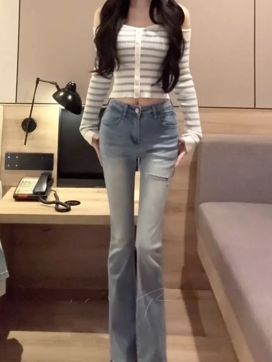 

Leg Lengthening Waed Slimming Floor-Length Jeans Women's High-Waist Cotton Stretch Denim Hole Design Casual Sle