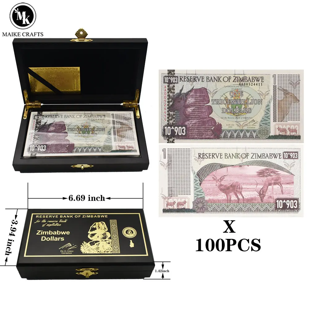 

100pcs/box Zimbabwe One Tricentillion Dollars Paper Money Wooden Box Set with UV Anti-counterfeiting Logo Collection Gift