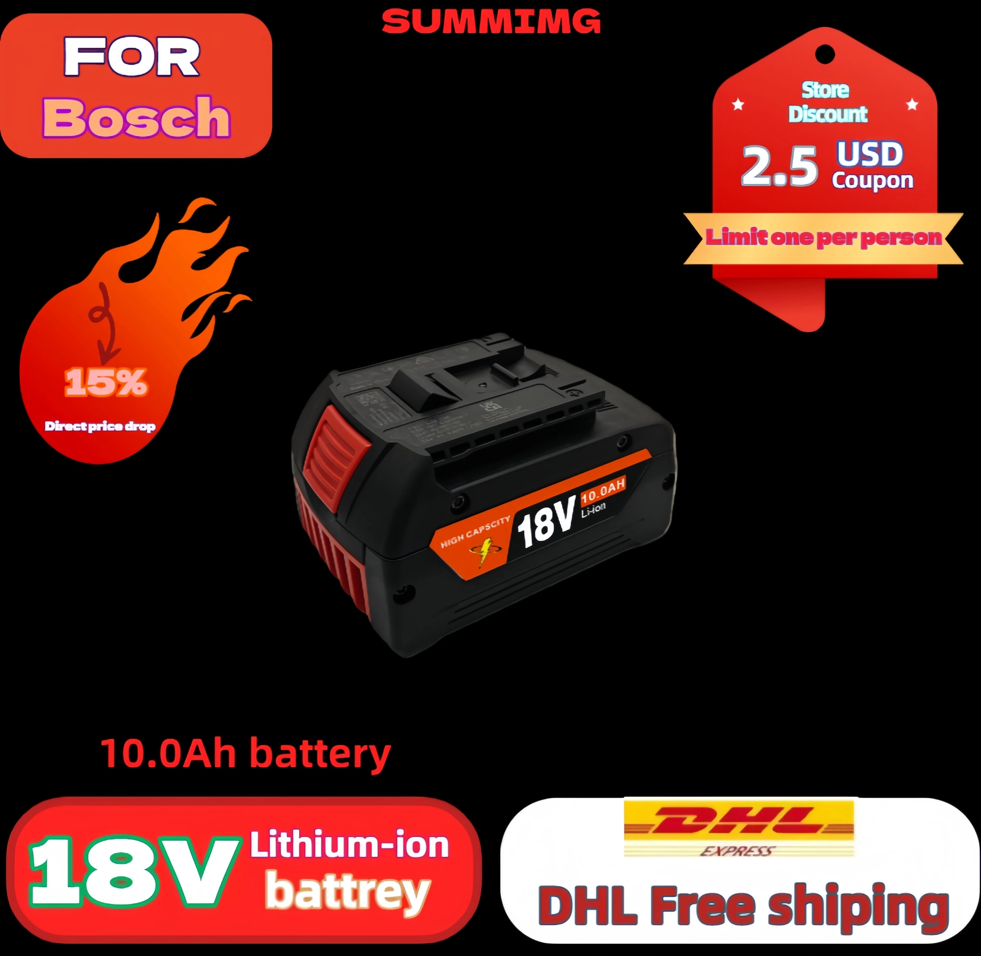 

18V 10.0Ah lithium-ion power tool battery replaceable Bosch 18V battery GSR GSB BAT618 BAT609 for Bosch power tools with charger