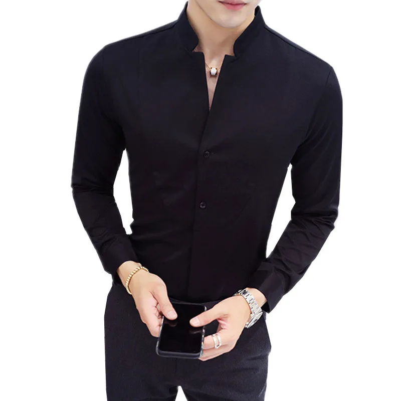 New Men Business Standing Collar Long Sleeved Shirt Black White Male Wedding Party Dress Top Slim Fit Patchwork Clothing Homme