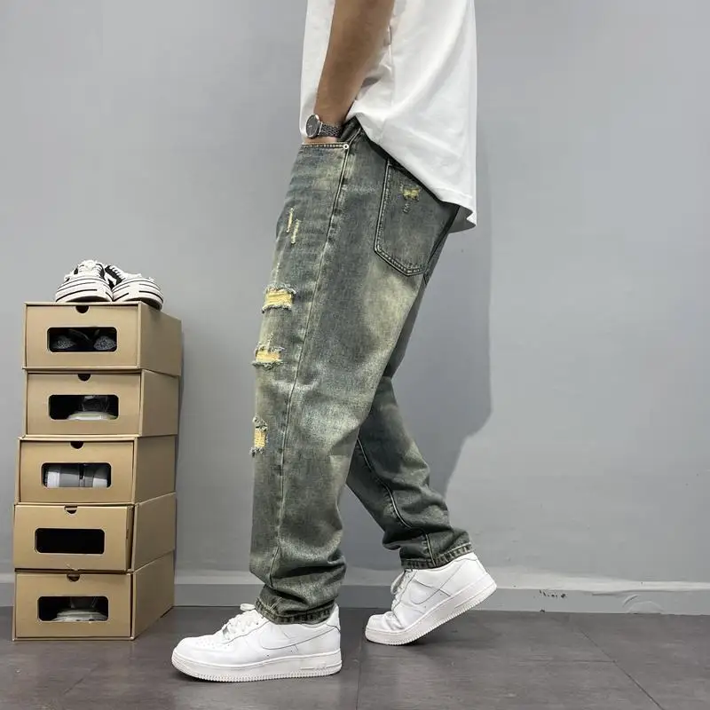 

Washed Retro Distressed Patched Jeans Men's Loose Pants High Street Style Trend