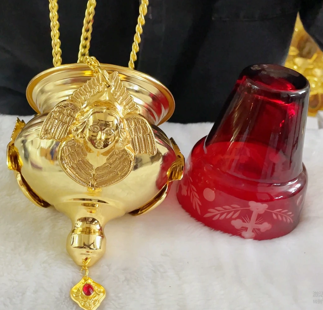 HTISOK Church Vigil Oil Lamp with Chain Zinc Alloy Hanging Oil Lamp Red Glass Cup Wick Stand Family Prayer Corner Ornament