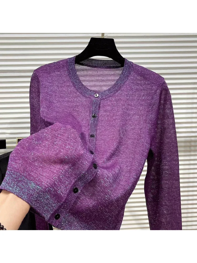 

Женский фиолетовый вязаный кардиган-пальто 2024 года, новинка, в стиле Lazy Sle, для ранней осени, с ощущением высокого класса, индивидуальный дизайн, для повседневной носки, в корейском стиле