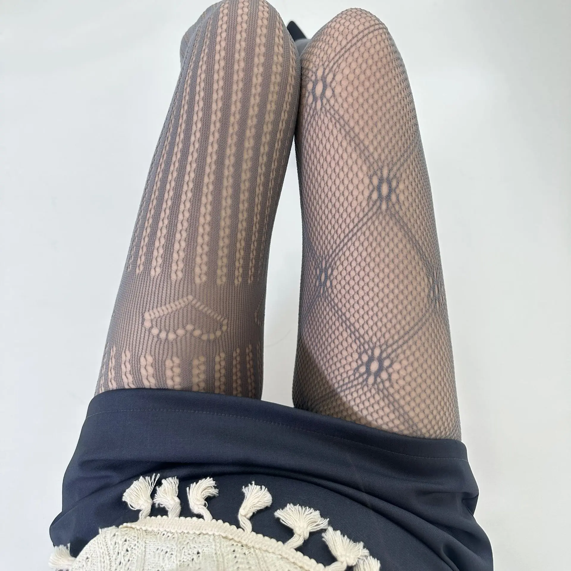 Personality Niche Design Left Right Asymmetrical Pattern Pantyhose Mesh Diamond Vertical Stripes Hottie Lolita Trend Tights