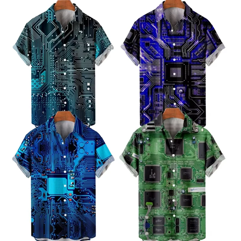 

Man Hawaiian Button Up Shirts Hombre Fashion Shirt Circuit Board 3D Printed Warm Casual Short Sleeve Beach Oversized Clothes