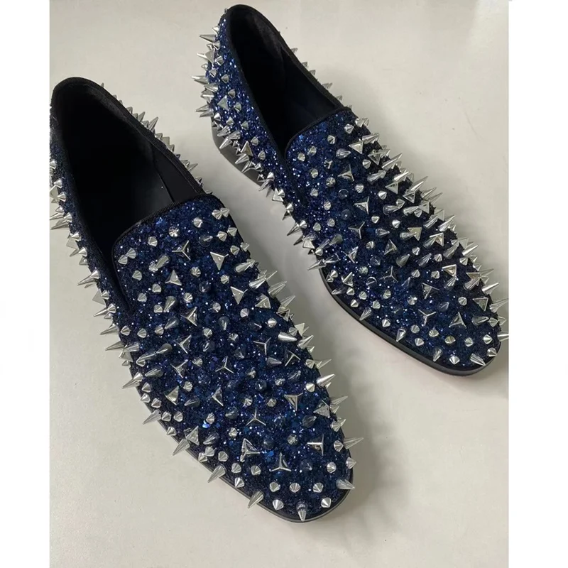 LOUBUTEN Fashion New Rivet Loafers Luxury Men Spike Shoes High Quality Blue Sequined Shoes Slip On Glitter Flats Male Party Shoe