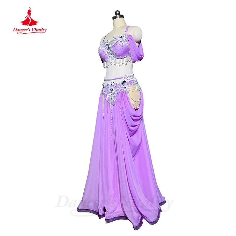 Belly Dance Competiton Costume Suit Customsized Adult Children Stones Bra+spling Long Skirt 2pcs for Women Oriental Dancewear