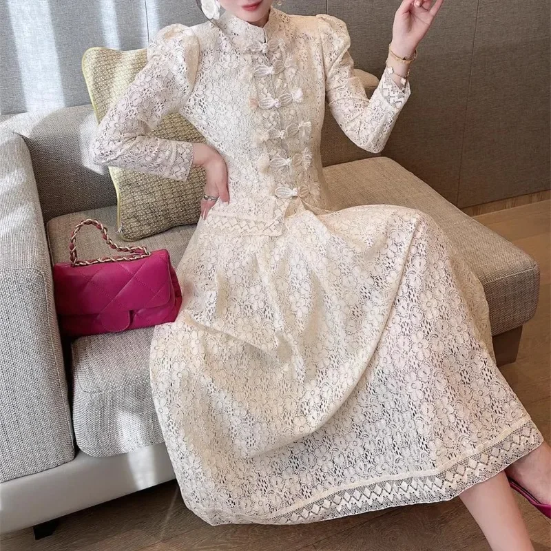 

Apricot Lace Wo Piece Sets Womens Luxury Design Long Sleeve Button Up Tops + Skirts Evening Party Elegant Set Women 2 Pieces