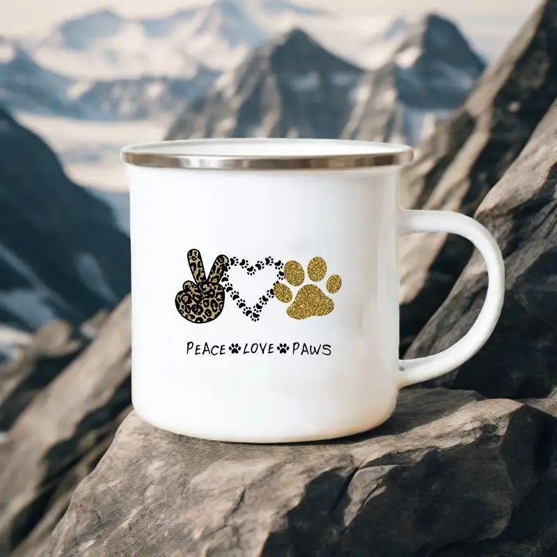 

Peace Love Dog Print Mugs Creative Coffee Water Cup Drinks Dessert Breakfast Milk Cup Enamel Mugs Handle Drinkware Gift for Kids