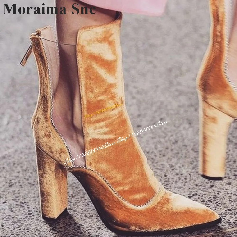 

Catwalk Mid Calf Orange Splicing Suede Boots Chunky High Heel Shoes For Women Back Zipper Pointed Toe 2024 Zapatos Para Mujere