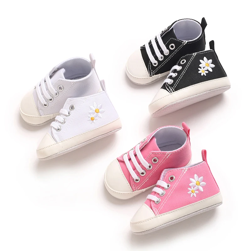 Spring And Autumn 0-18M Baby Walking Shoes Anti Slip Baby Daisy Embroidery Canvas Shoes Breathable Soft Soled Shoes Casual