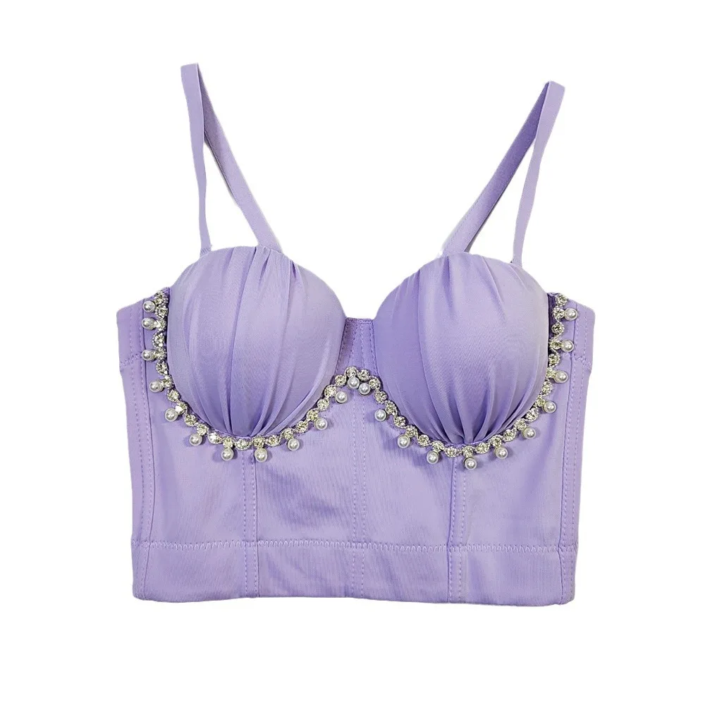 

Women's Fashion Pearl & Rhinestone Corset Top – Underwire Bustier with Lace-Up Back, Sexy Partywear Crinkle Design Bra Underbust