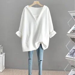 Hoodie Long Sleeved V-neck Simple Hooded Patchwork Fake Two-piece Sweatshirt Autumn Winter Solid Color Daily Plus Size Top