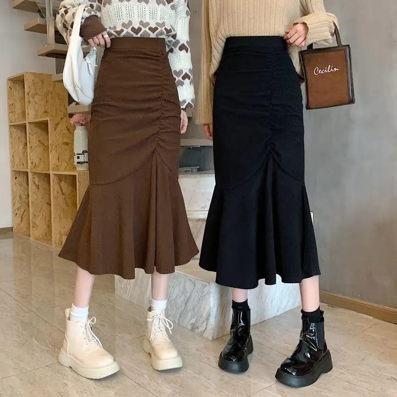 

Korean Fashion Women Corduroy Pleated Long Skirt Autumn Winter Elastic High Waist Slim Ruffles Versatile Casual Fishtail Skirts