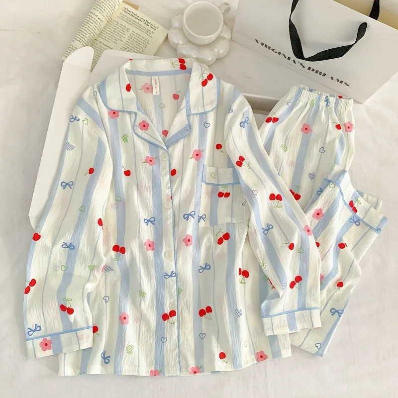 2026 جديد سحابة القطن الكرتون عادية لطيف طويلة الأكمام السراويل قطعتين المرأة المنزل دعوى مجموعة مخطط الكرز القوس طباعة ملابس خاصة #2