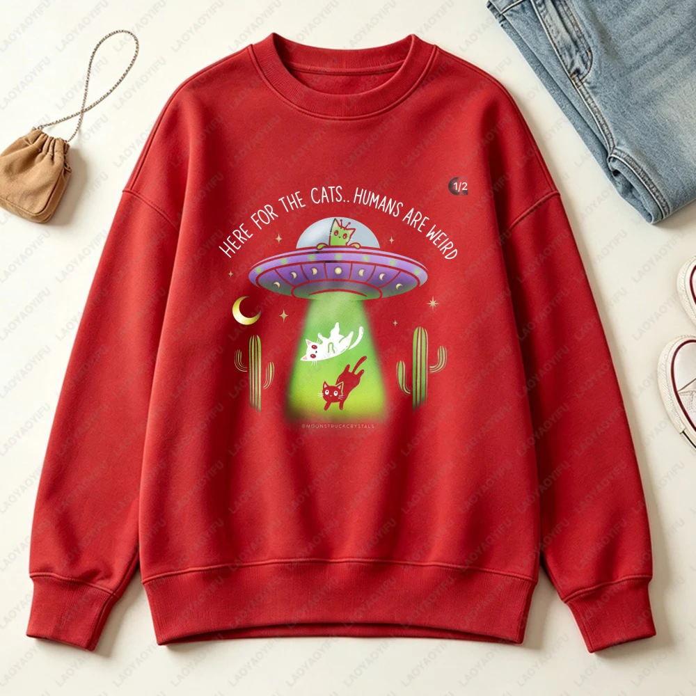 Desert UFO Alien Cats Unisex Sweatshirt Fashion Crewneck Whimsical Cosmic Pullovers Humorous Slogan Pet Admirers Casual Hoody