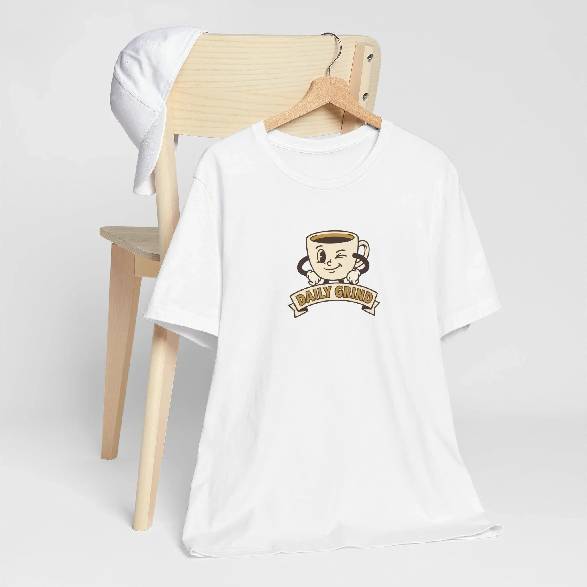 Daily Grind Coffee Shirt, Retro Coffee Mug Mascot Tee, Funny Vintage Cartoon Graphic T-Shirt, Coffee Lover, Cute Caffeine Top