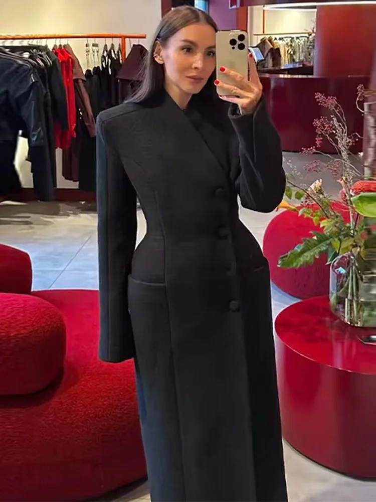 

HH Woman Fashion Long Sleeves Waist Long Coat Female Winter Single-breasted Stand-up Collar Pockets Warm Solid Woolen Coat
