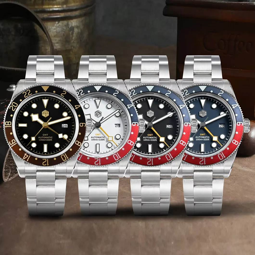 San Martin 39mm Men GMT Watch Automatic Mechanical Business Watches with OTF Adjustable Clasp 10Bar Waterproof Luminous SN0109