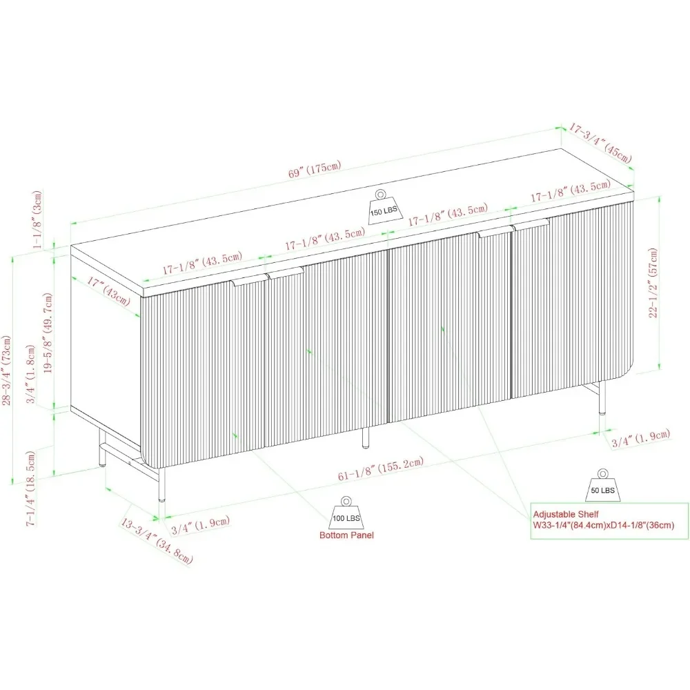 Sideboard Cabinet, Adjustable Shelves for Customizable Storage, Middle Leg for Added Stability, Livingroom Cabinet