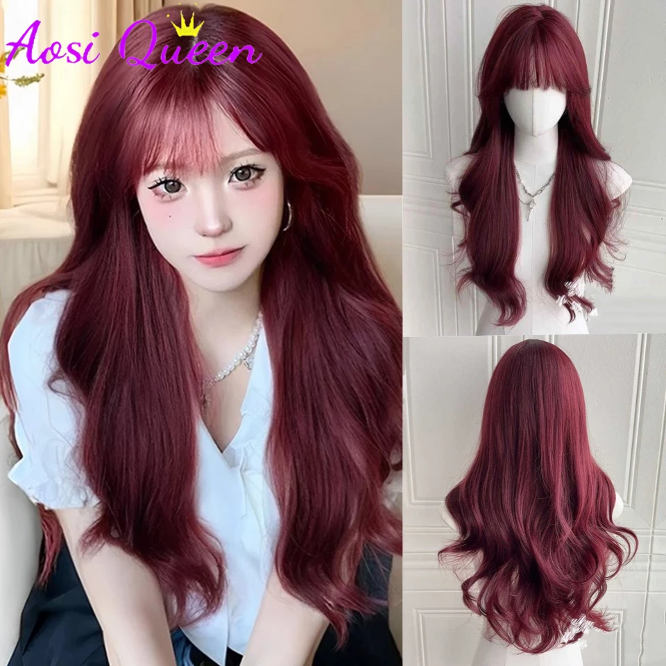 

Popular Raspberry Red Long Deep Wave Hair Lolita Wigs With Bangs Synthetic Wig For Women Fashion Thick Curls Wigs Girl