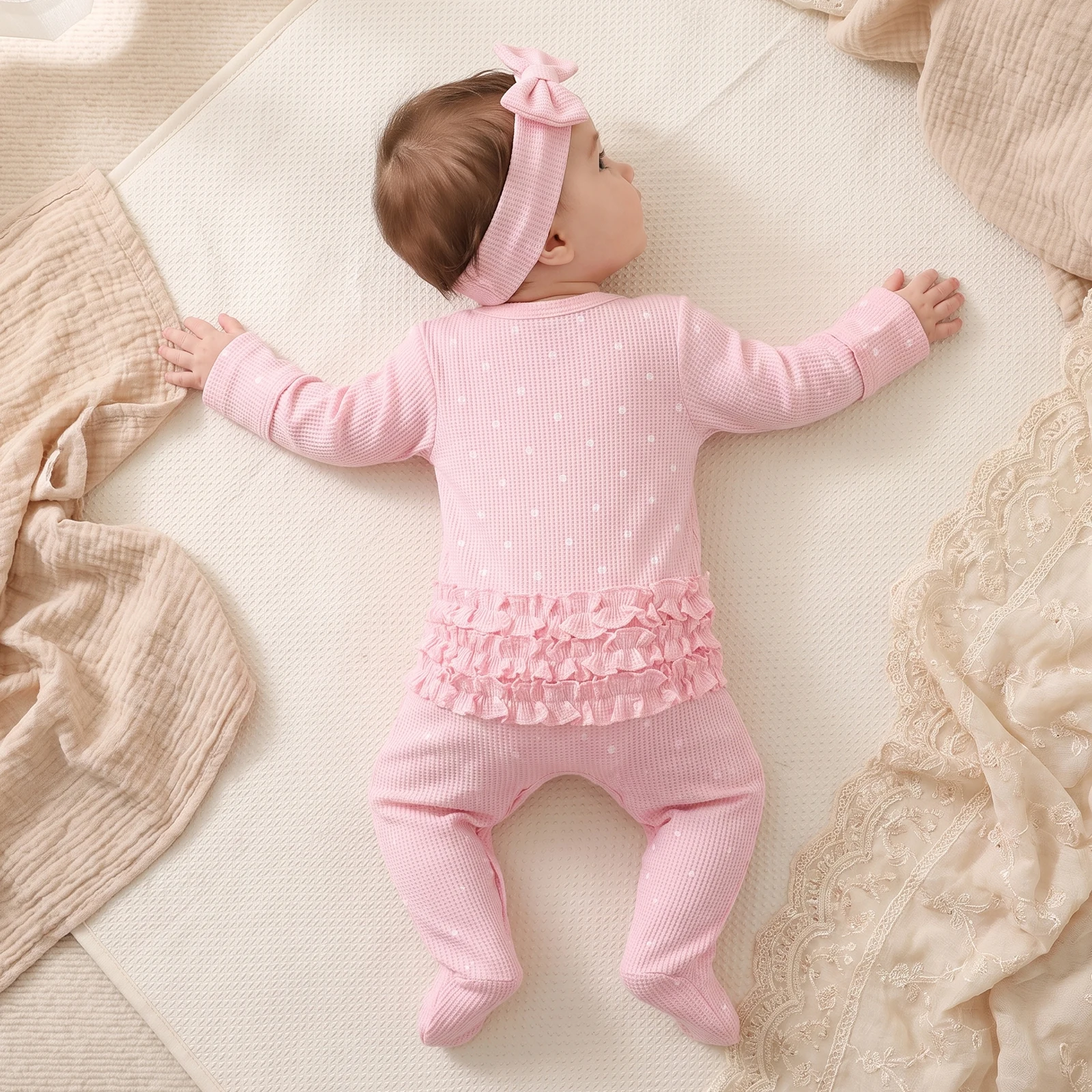 Baby Girls Waffle Footies Romper Embroidery Dotted Jumpsuits Headband
