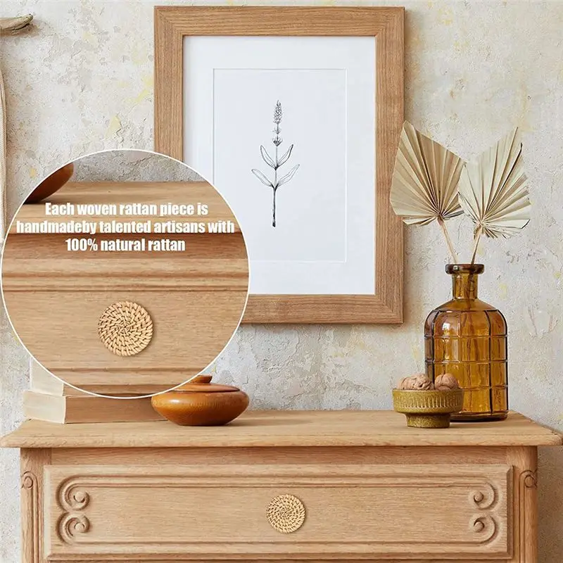 BAAG-Boho Rattan Dresser Knobs Round Wooden Drawer Knobs Handmade Wicker Woven And Screws For Boho Furniture Knobs 12Pcs