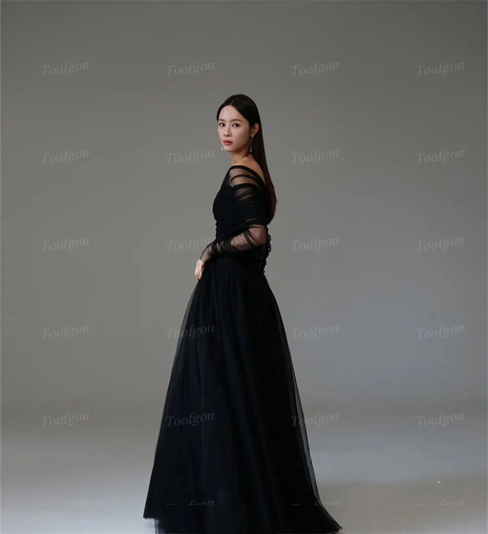 Black Korea Lady Prom Dresses Corset Back Off Shoulder Long Sleeves Formal Evening Party Gowns Wedding Photo Shoot Customized