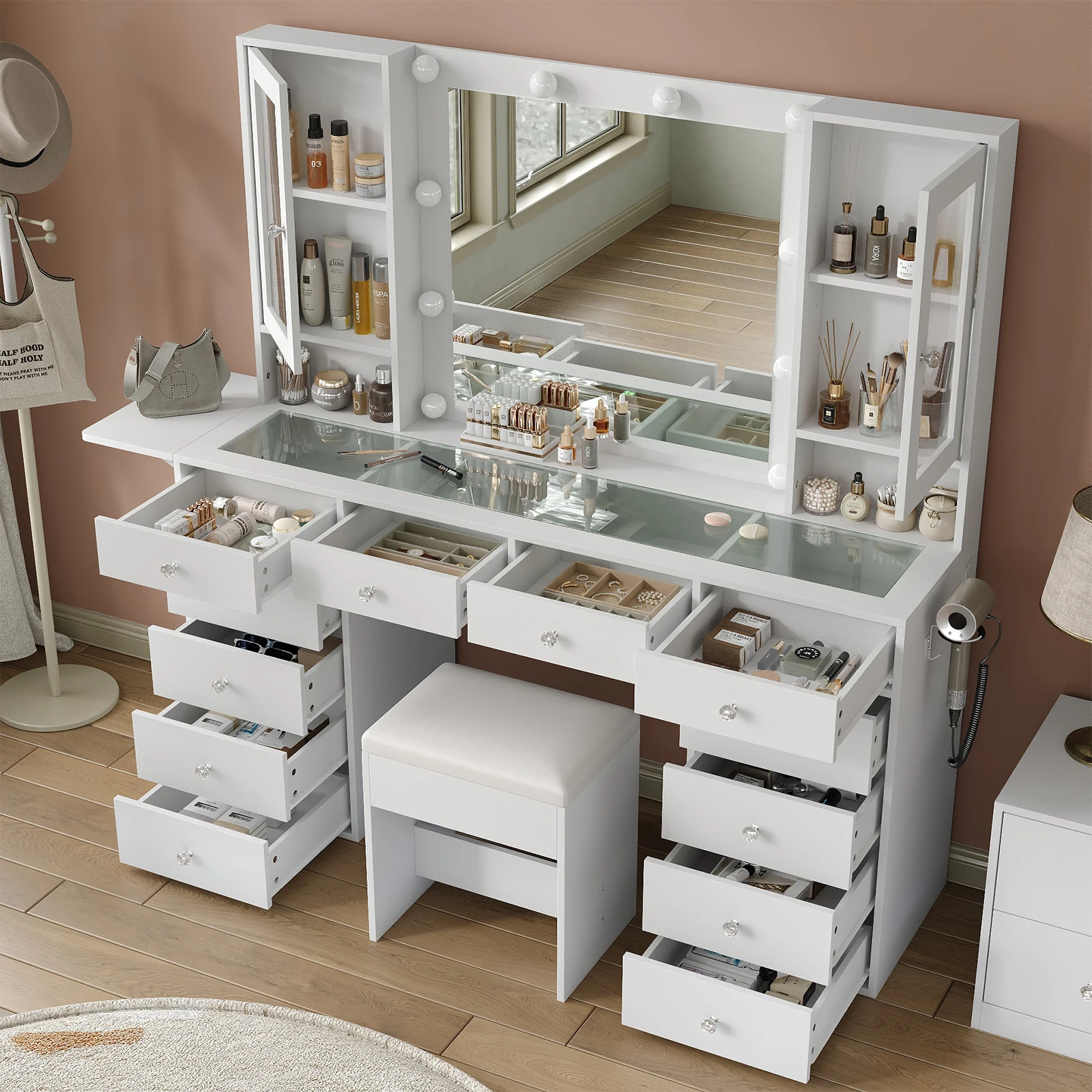 Modern Makeup Vanity Table Set, LED Lighted Mirror with 3 Dimmable Brightness Modes, Multi-Drawer & Open Storage Shelves, Scratch-Resistant Clear Tempered Glass Top with USB Charging Port