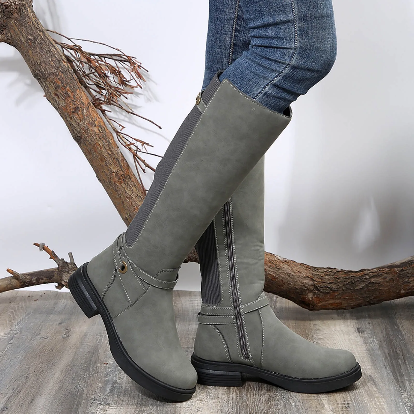 المرأة شقة حذاء برقبة للركبة جولة تو الجانب سستة المرقعة أحذية طويلة الانزلاق على مريحة حذاء من الجلد غير رسمي بوتاس موهير #5