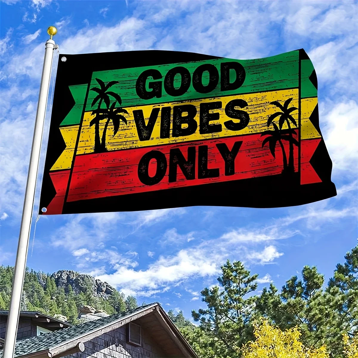 1pc Positive Energy Rasta Reggae Music Flag, Rasta People Theme with Green Yellow Red & Tree Pattern, Polyester All Season Flag