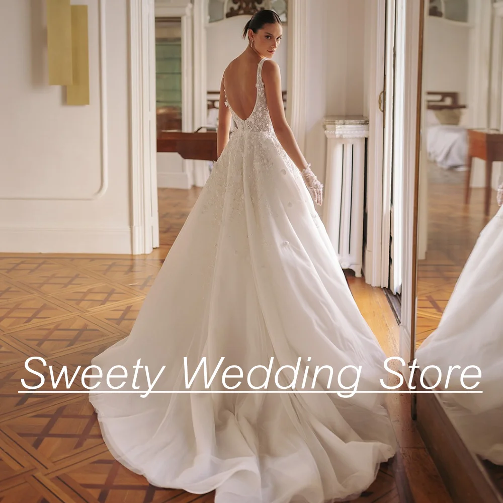 Wedding Dress Vestido De Noiva Sexy Sqaure Neck Sleeveless Flower Applique Open Back Sweep Train A Line Bridal Gown Bride
