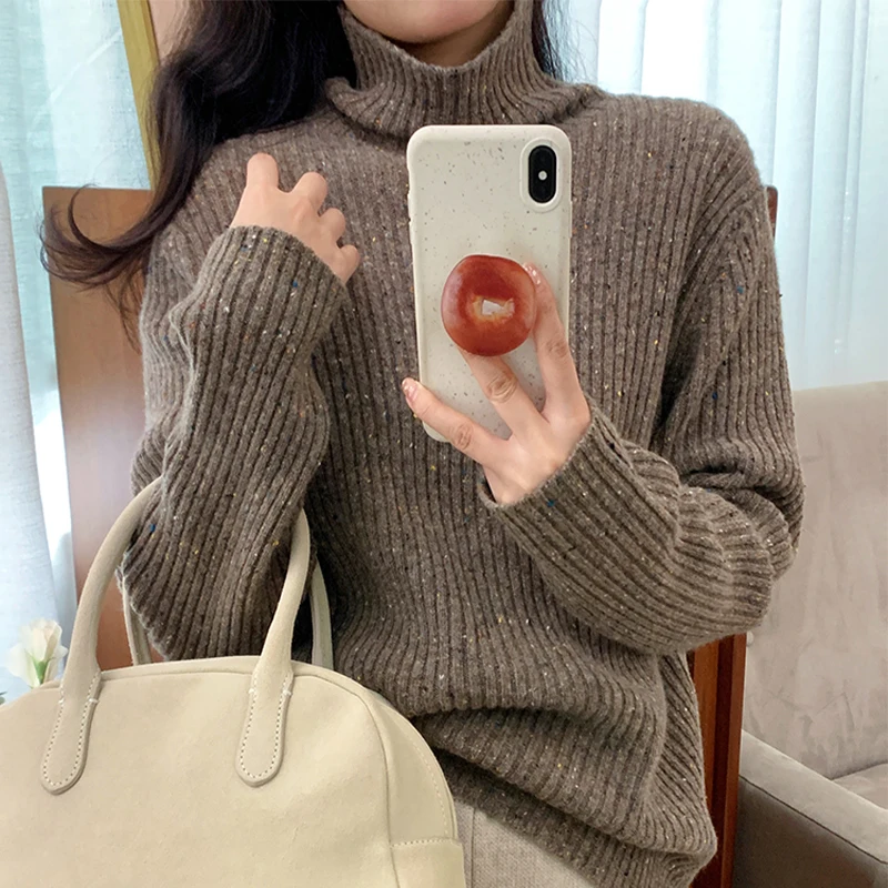 New Thick Half High Collar Bright Silk Sweater For Women With Lazy Style Solid Color Base Knitted Sweater Versatile