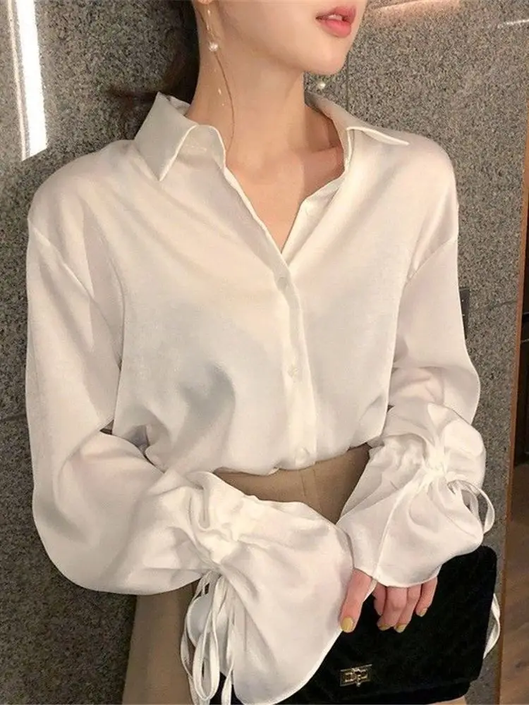

2025 Blouses Women Lacing Flare Sleeve Solid Elegant Chiffon Shirts Womens Retro Ladies Designer Fashion Tops Streetwear Stylish
