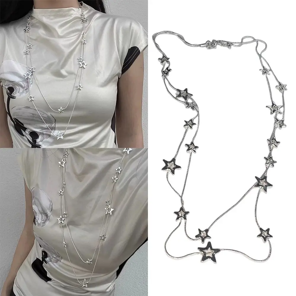 

New Alloy Pentagram Star Pendant Silver Color Punk Long Chain Necklace Double Layer Y2K Style Choker