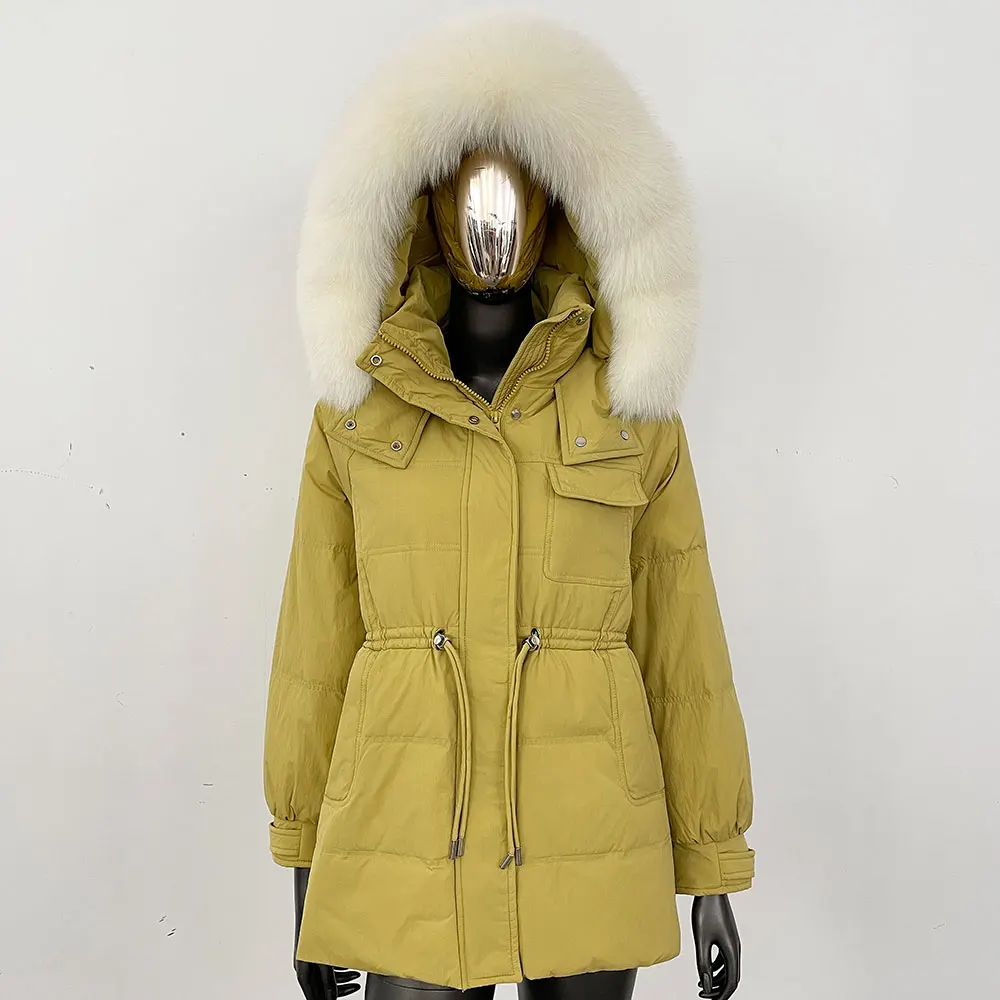 厚手の暖かいショート丈90%ホワイトダックダウンジャケットパーカーリアルファーコート女性用冬用天然ラクーンファーコートフード付きリアルファーコート