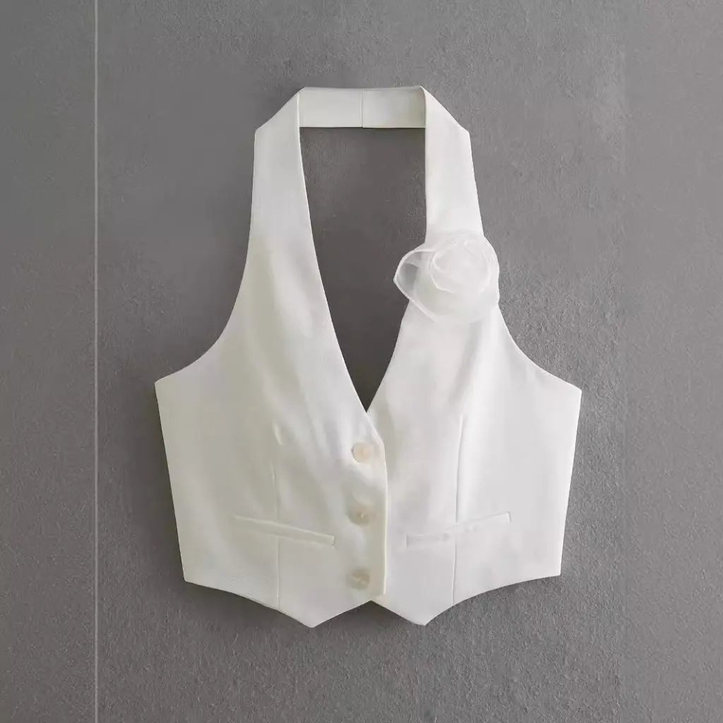 

Women's 3D Flower Neck Vest Sweet Spice Summer V-neck Slim-fit Short Top Sexy Outer Wear for Girls