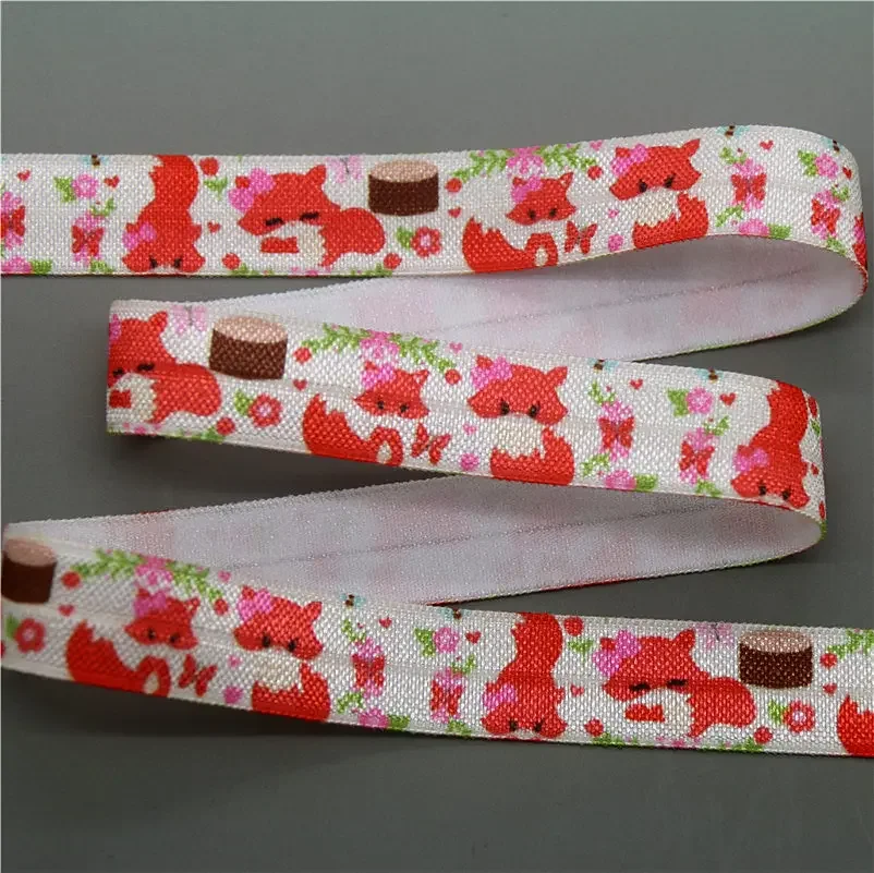 DHK 5/8\'\' 5yards Animals Owl Sloth Fox Dinosaur Printed Fold Elastic FOE Stretch Ribbon Headwear Headband DIY OEM C1728