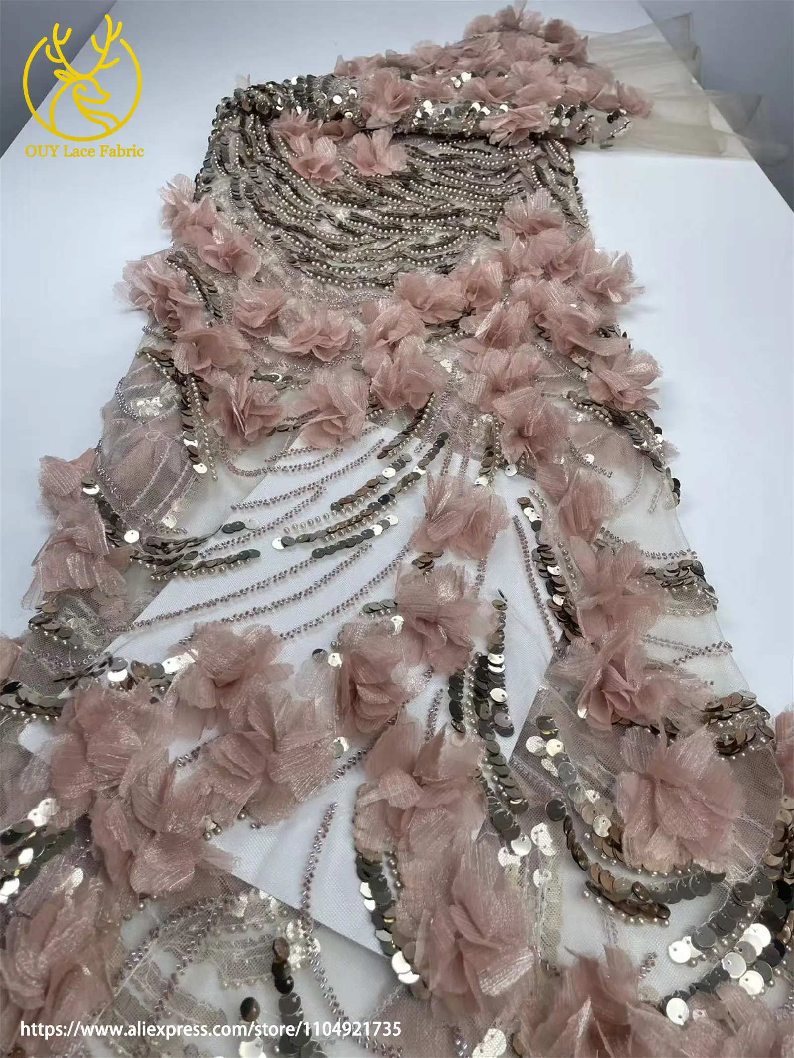 Mais novo exclusivo africano 3d flor artesanal frisado tecido de renda 2025 malha francesa lantejoulas tecido de renda para vestidos de festa de casamento feminino