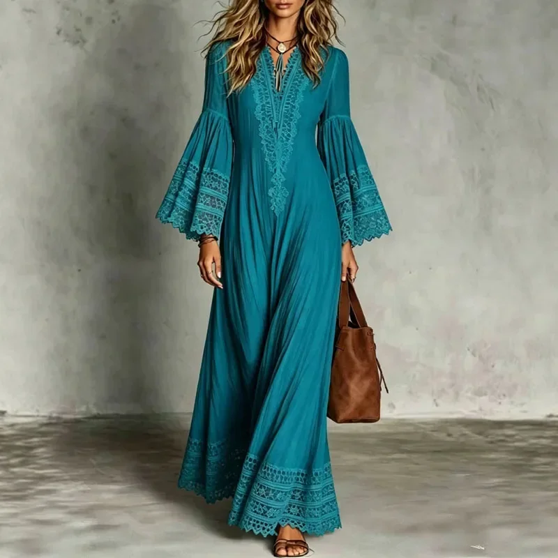 Women Solid Bohemian Maxi Dress V Neck Flare Long Sleeve Lace Crochet Trim Tiered Long Dress Elegant Beach Wedding Guest Dresses