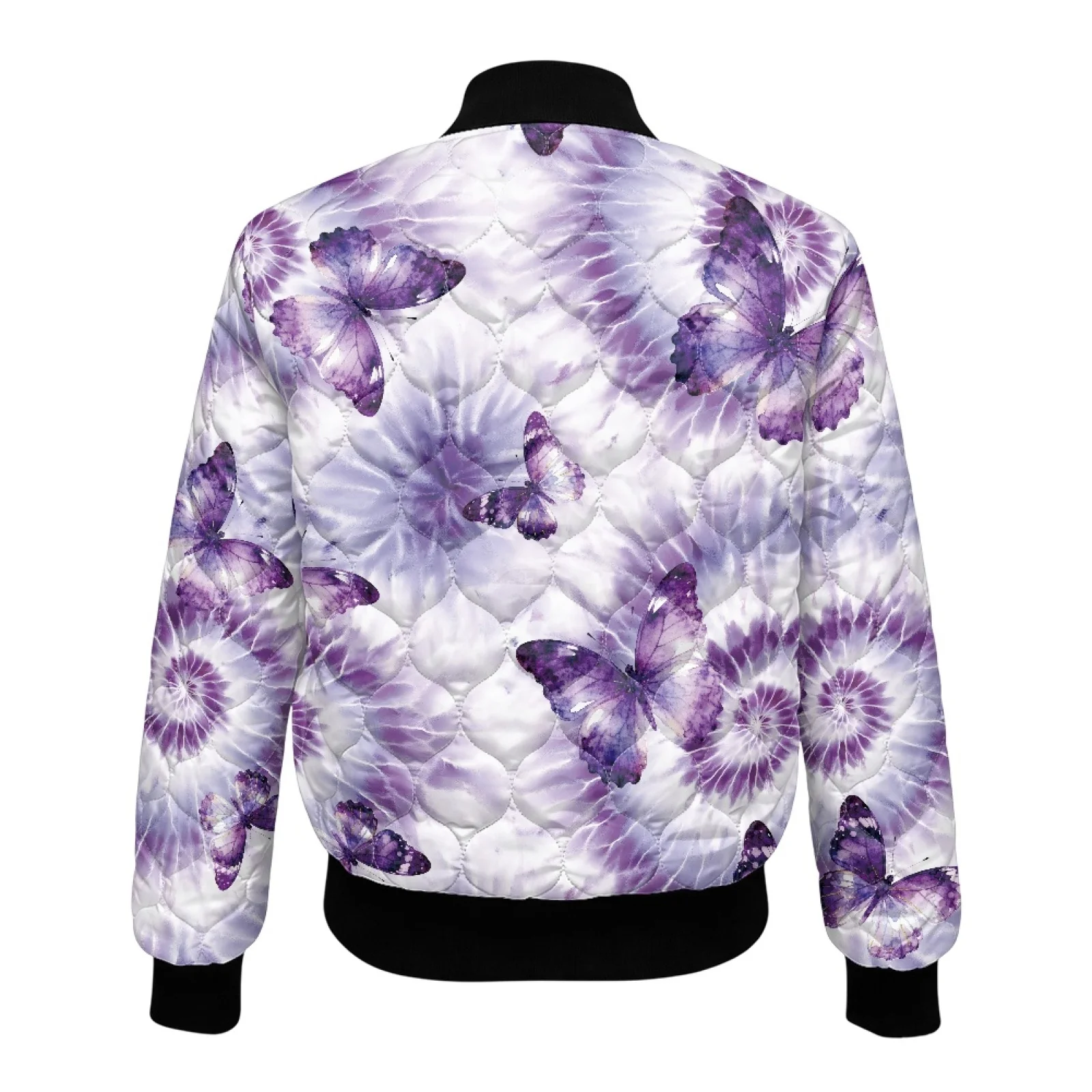 PENSTROLL Butterfly Tie Dye Womens Light Puffer Bomber Jacket with Rib Collar Padded Long Sleeve Coat for Vacation