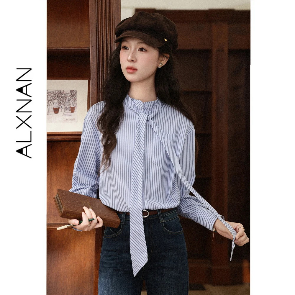 ALXNAN Blue Striped Shirt for Women Autumn Bow Stand Collar Long Sleeve Blouse 2026 Fashion Elegant Office Lady Top L68111