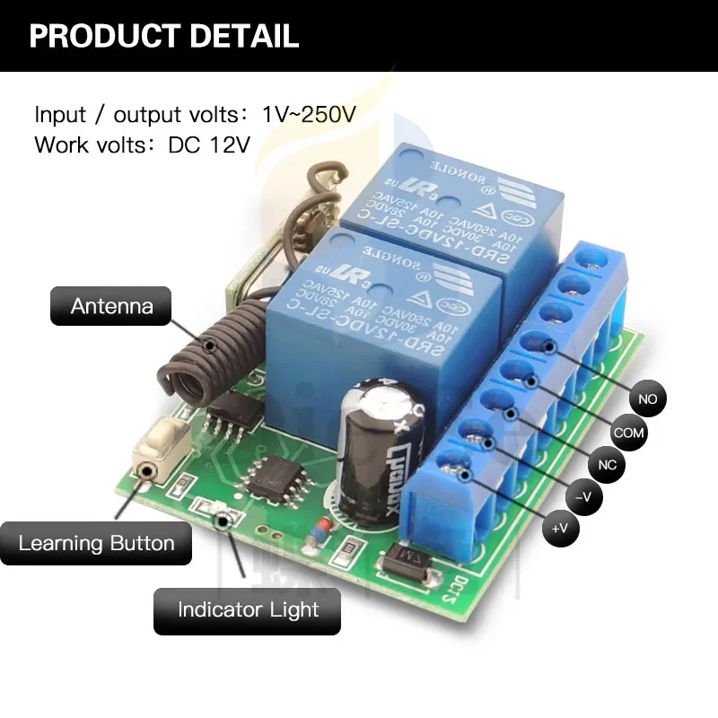 Télécommande universelle sans fil DC 12V, 2CH, rf, 433 MHz, relais récepteur et émetteur pour le contrôle de porte de garage