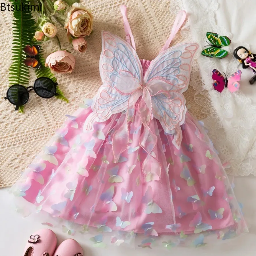 Girl Party Princess Dress Summer  Fairy Butterfly Wings Sleeveless Tulle Sling Dress Fashion Girls Cute Butterfly Ribbon Dresses