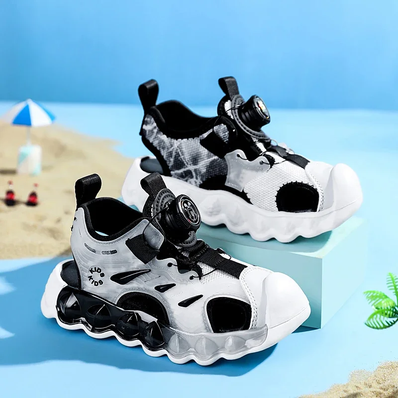 Summer Children's Sandals Rotating Buttons Boys and Girls' Closed Toe Sports Sandals Soft Soles Breathable Kids Beach Shoes